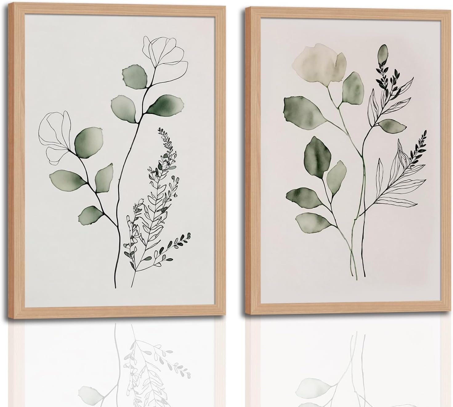 2Pcs Framed Wall Art Minimalist Botanical Canvas Plant Wood High-Framed Design Flower Green Eucalyptus Leaf Artworks Prints Poster for Living Room Bathroom Bedroom 16x24in