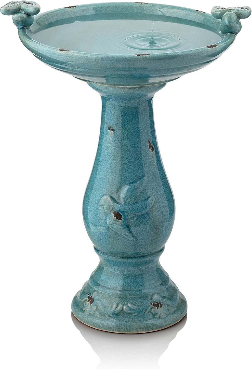 Alpine Corporation 25″ Tall Outdoor Ceramic Antique Pedestal Birdbath with 2 Bird Figurines, Turquoise