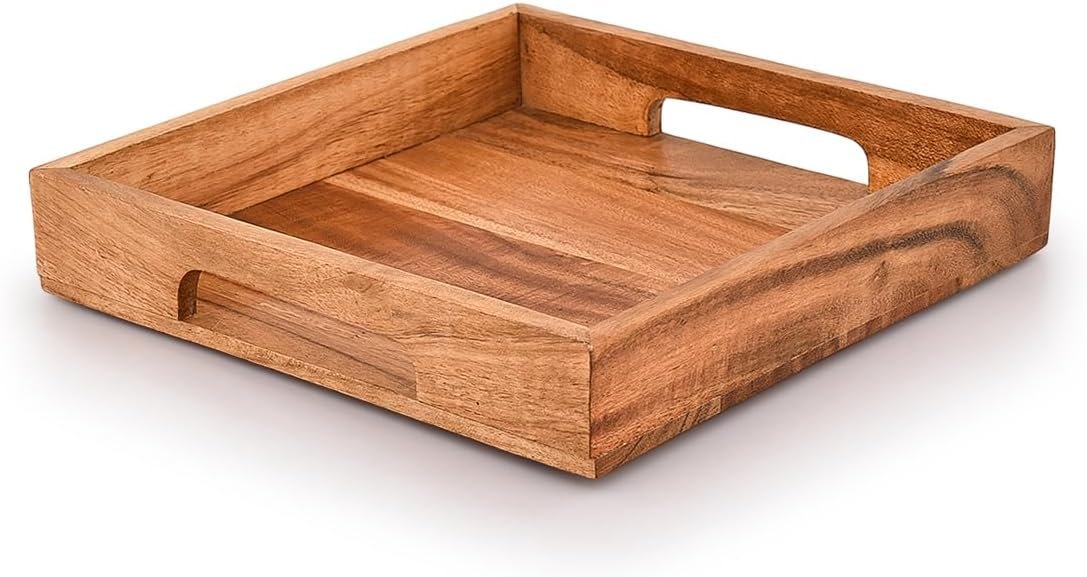 Acacia Wood Serving Tray with Handles,Wooden Serving Tray, Snack Tray, Breakfast Tray, Great for, Breakfast, Coffee |Size- 10″ x 10″ x 1.75″