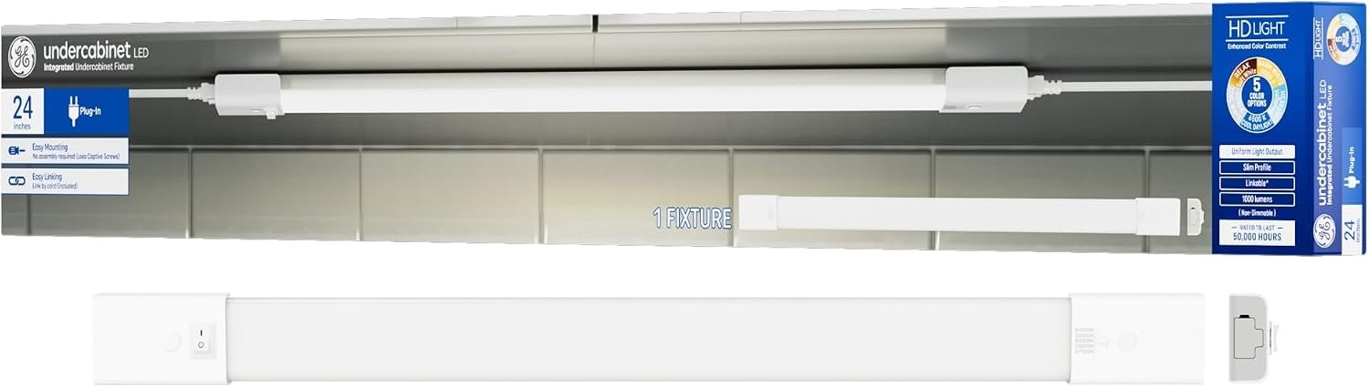 GE LED HD+ Undercabinet Light Fixture, Linkable Integrated Slim Profile Fixture for Kitchens, High Definition Light in 5 Color Temperatures, Plug-In, 24in (1 Pack)