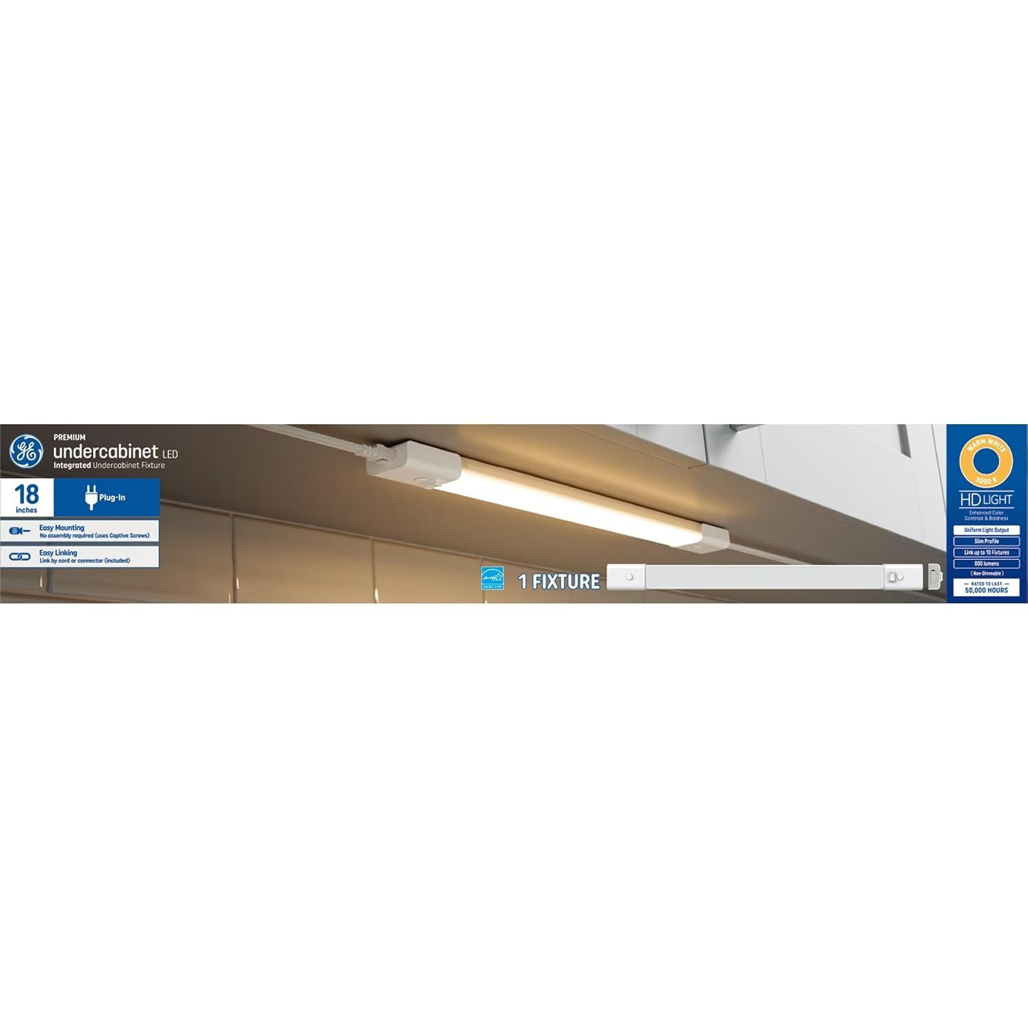 GE LED HD+ Undercabinet Light Fixture, Linkable Integrated Slim Profile Fixture for Kitchens, Warm White Color, Plug-in, 18in (1 Pack)
