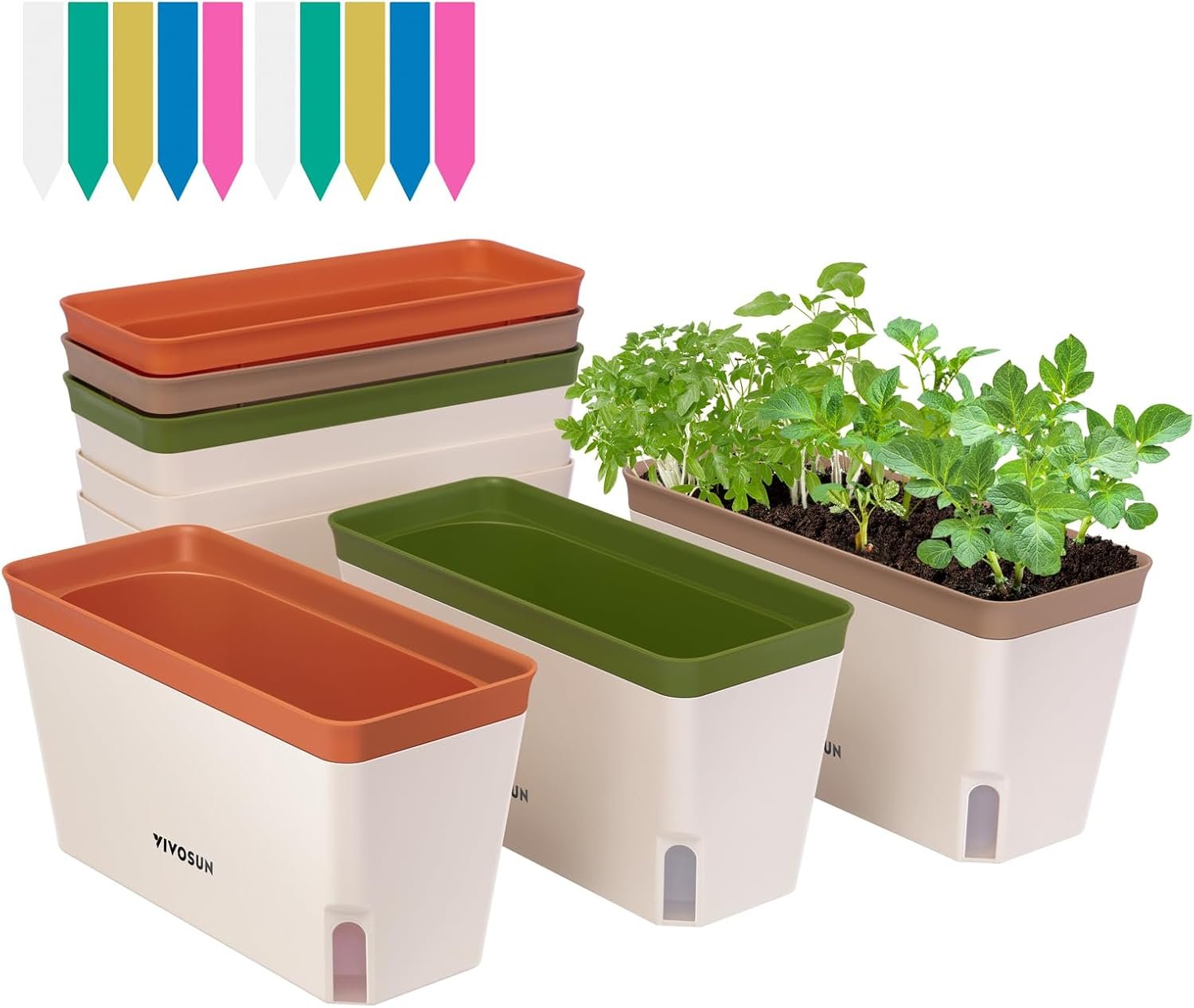 VIVOSUN Self-Watering Planters, 6-Pack 10.5 in Window Herb Planter Box | Compact Rectangular Planter Box with 10 PCS Plant Labels, Plant Container for Basil, Flowers, Succulents, Indoor & Outdoor