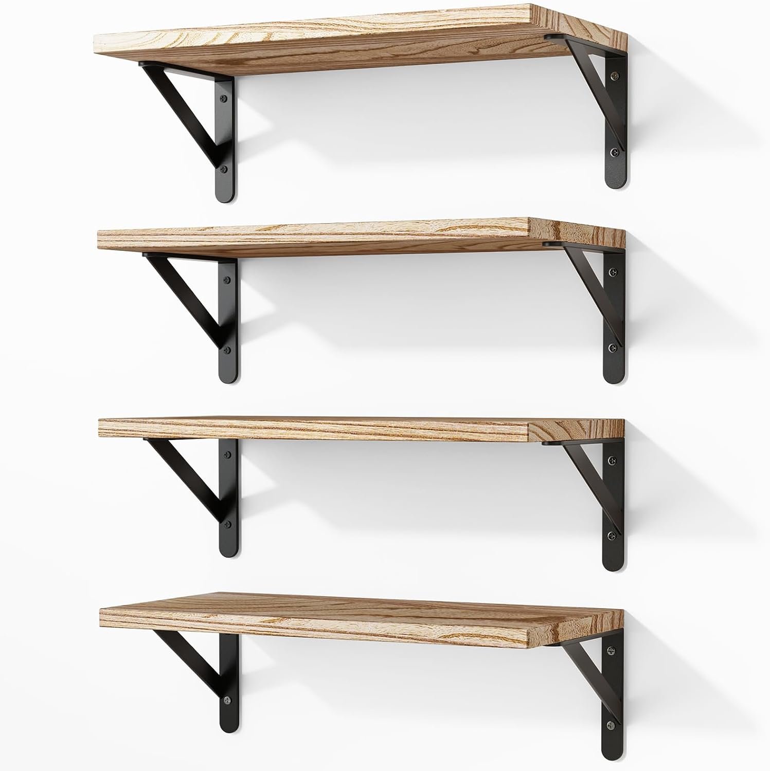 Fixwal Wall Floating Shelves for Decor (Light Brown, Set of 4, 16.5 Inch) | Wood Shelves, Natural Grain, 40Lb Capacity, Sturdy Triangle Brackets, Versatile for Any Room