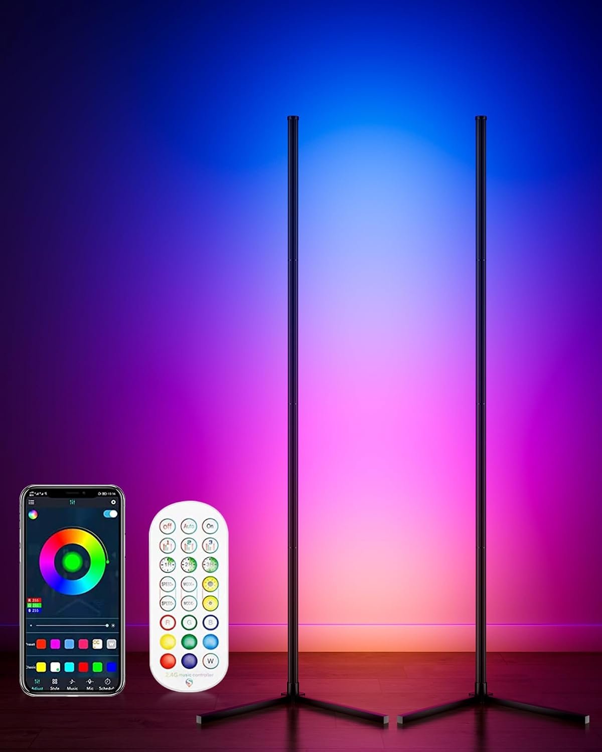 LED Corner Floor Lamp 2 Pack, 65″ Tall Smart RGB Floor Lamp with APP and Remote Control, Ambient Lighting Color Changing Standing Lamps with Music Sync and Timing for Living Room, Bedroom, Gaming Room