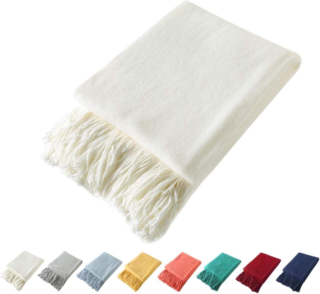 Homiest Ivory Knitted Throw Blanket with Fringe, 50×60 Inch | Pure Acrylic, Lightweight & Breathable, All-Season Use, Machine Washable, Wrinkle & Fade Resistant, for Couch Sofa And Bed