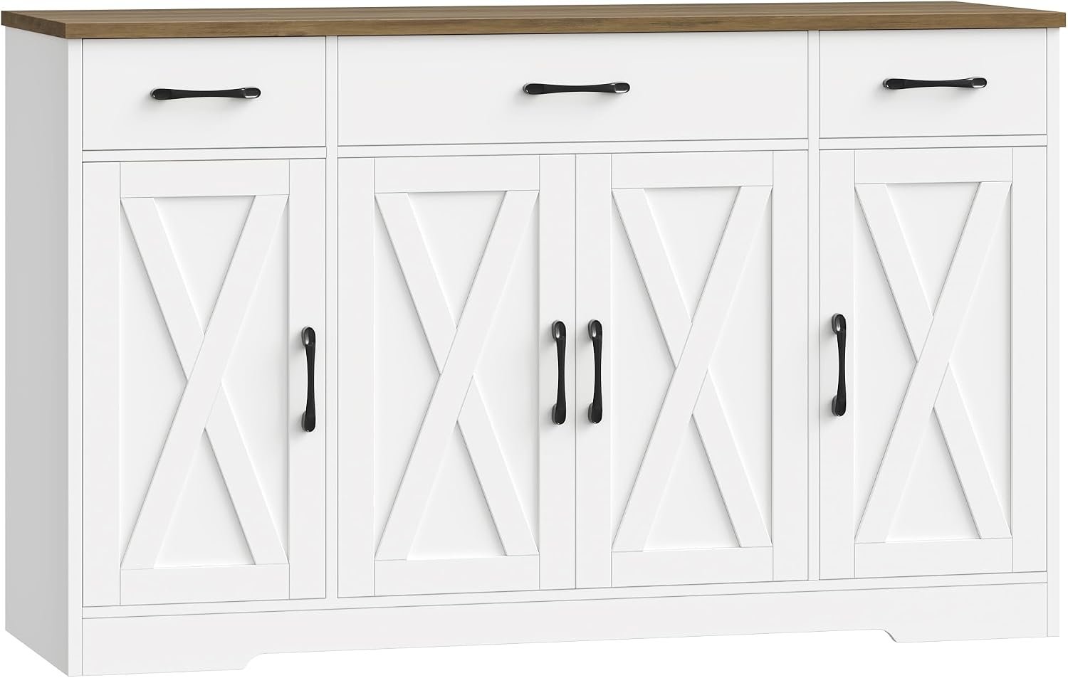 HOSTACK Kitchen Buffet Sideboard Storage Cabinet, Coffee Bar Cabinet, White | 55″W Farmhouse Kitchen Cabinet with Doors and Adjustable Shelves, Buffet Cabinet with 3 Drawers for Dining Living Room