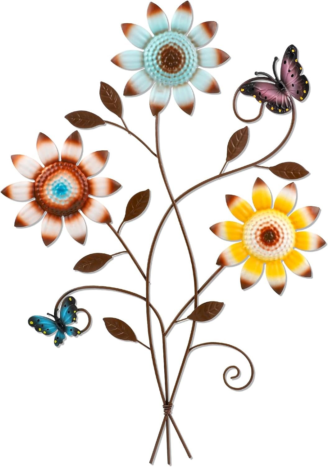 Metal Sunflower Wall Decor with Butterfly 3D Colorful Outdoor Wall Art | Fence Decorations for Patio Metal Flowers Wall Hanging Ornament for Garden Porch Living Room Balcony Farmhouse