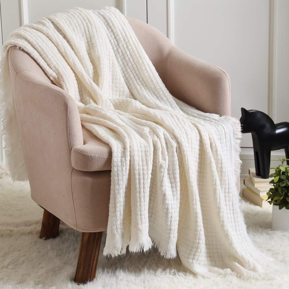 CREVENT Farmhouse Boho Knitted Throw Blanket for Couch Sofa Chair Bed Home Decoration, Soft Warm Cozy Light Weight for Spring Summer Fall (50”X60” Off White/Ivory/Cream)