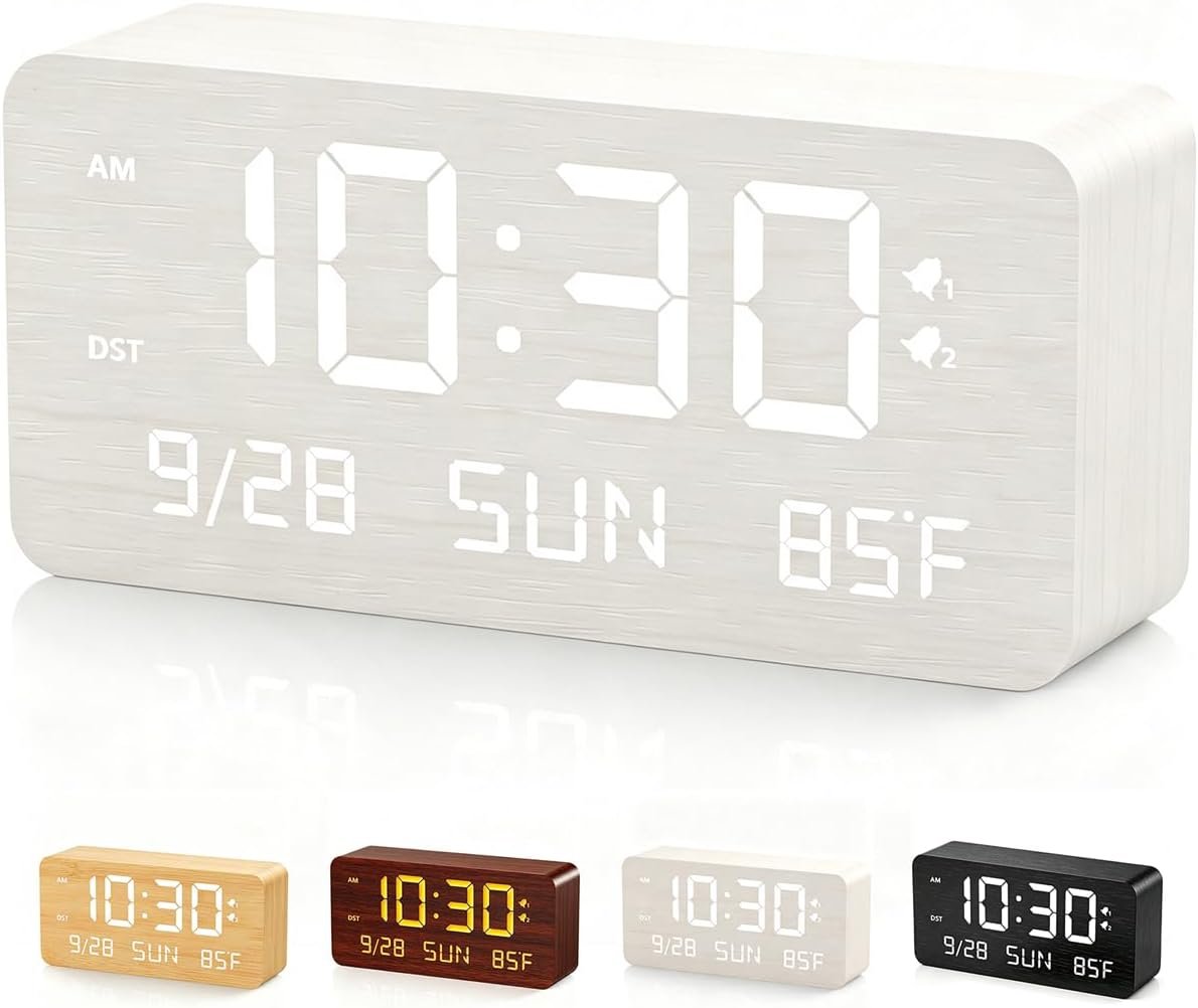 Wooden Digital Alarm Clock for Bedroom Desk Clock with Date, Day of Week, Temperature, Dual Alarms, Dimmer, USB Port Charge, DST, Adjustable Volume for Living Room/Office Wood Decor (White)