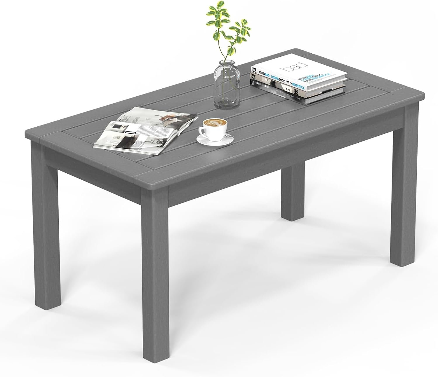VINGLI Outdoor Coffee Table, HDPE Patio Coffee Table for Outside, All-Weather Rectangle Coffee Table for Deck, Garden, Balcony, Porch, Indoor & Outdoor Use (Gray)