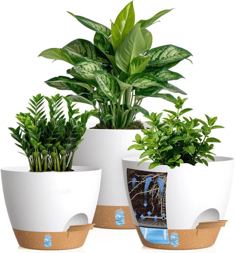 Self Watering Pots with Drainage Holes, 3 Pack 12/10/8 Inch Plant Pots with Water Level Indicator Deep Reservoir, Large Plastic Planter for Indoor Outdoor Plants – White Brown
