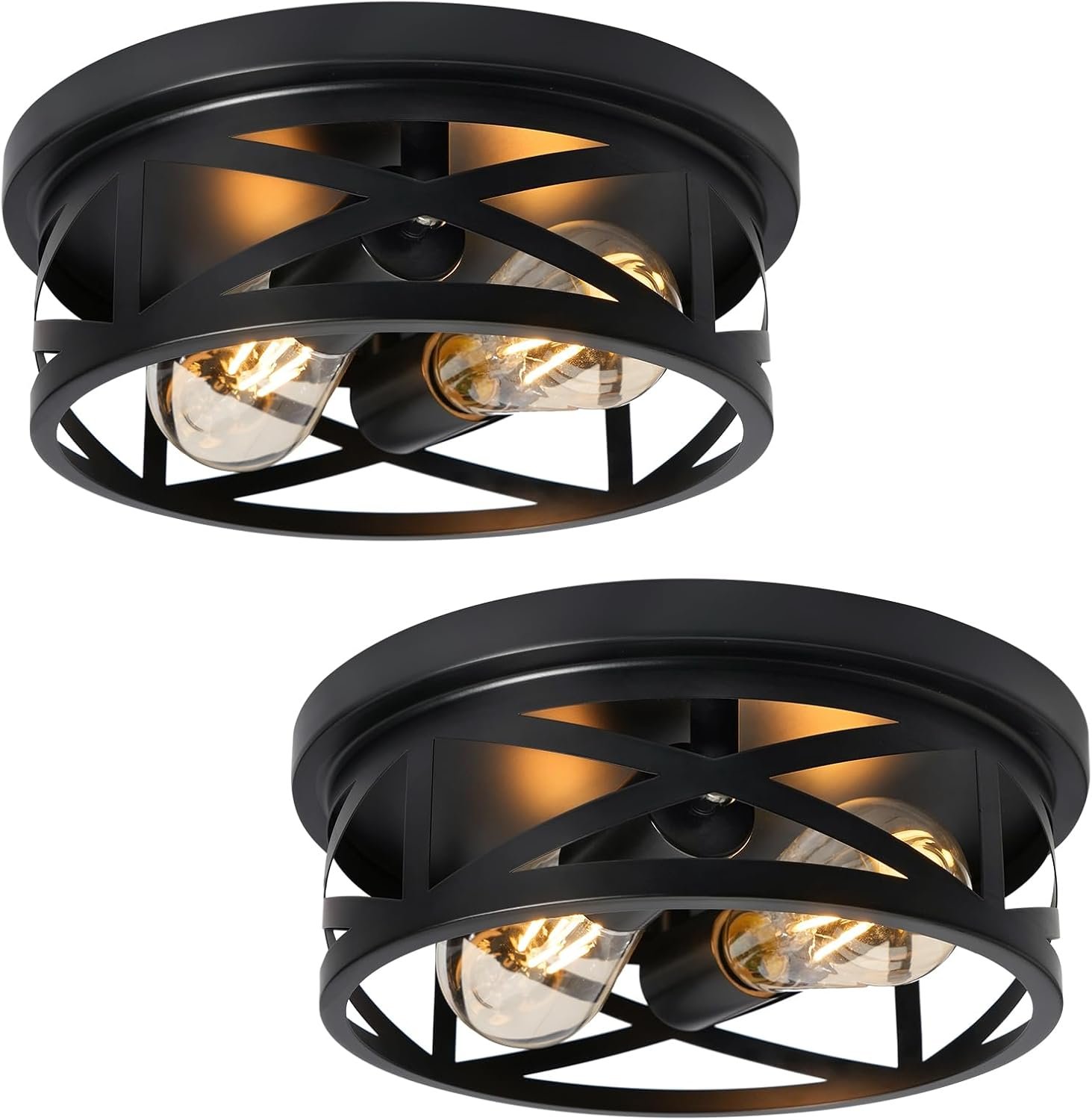 2-Light Flush Mount Ceiling Light Fixture, Farmhouse Ceiling Lights for Kitchen, Modern Black Close to Ceiling Light for Hallway Bedroom Balcony Porch Stairway, E26, (2 Pack)