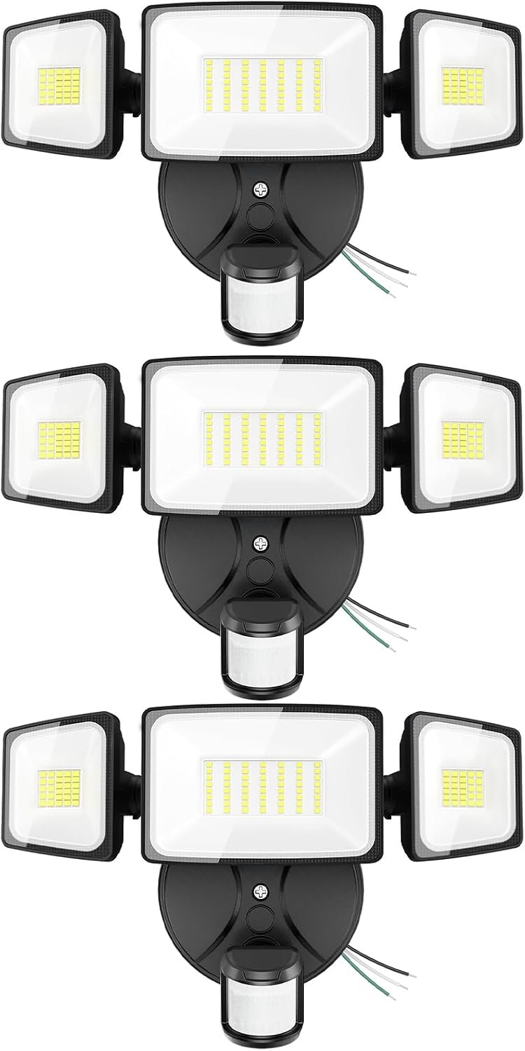 Onforu Motion Sensor Outdoor Lights, Hardwired Security Floodlights, Black | 7000LM 75W LED flood lights with movement detection, IP65 dusk to dawn outside lighting for Yard Garage, 3 Pack