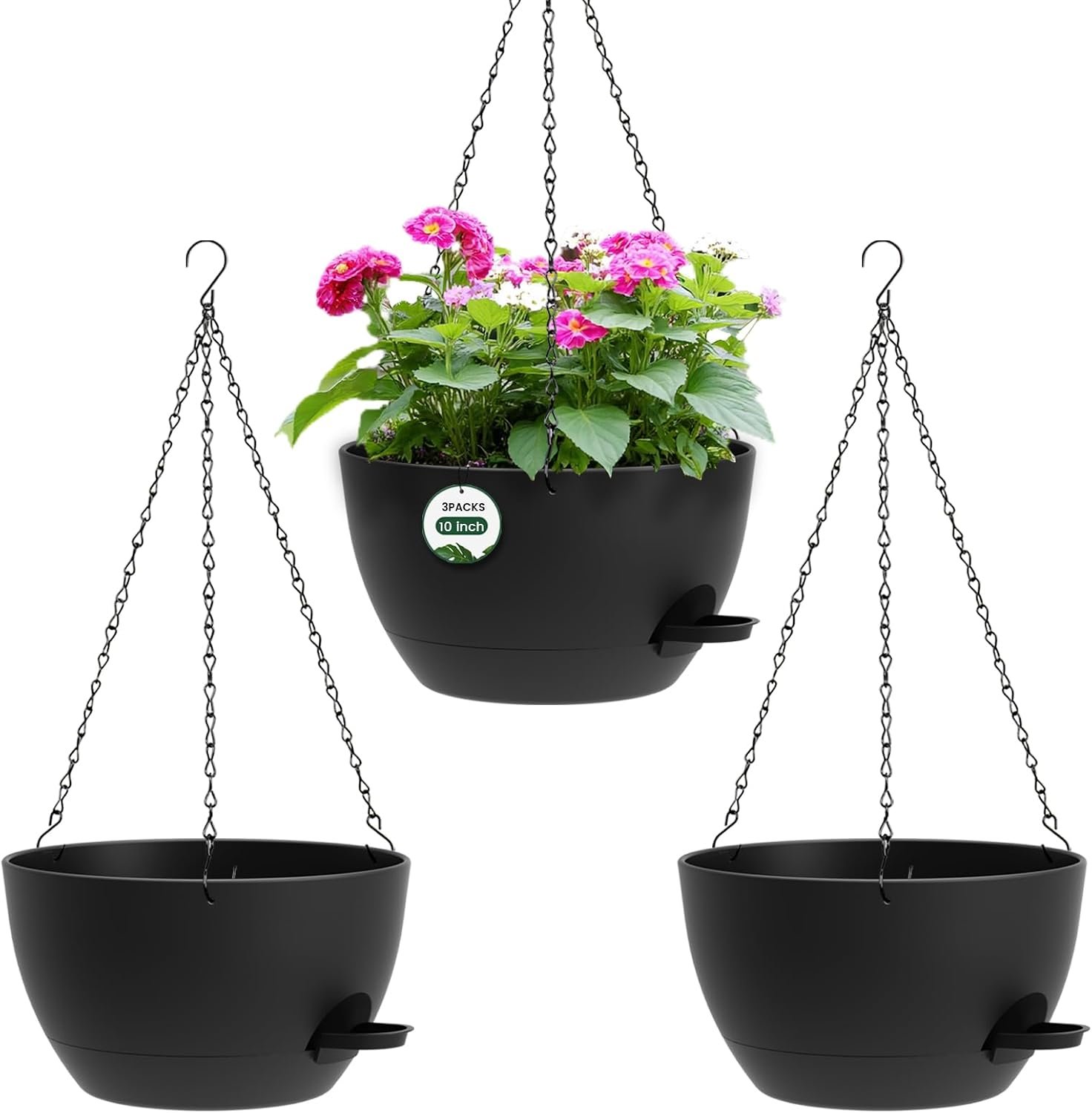 3 Pack 10 Hanging Flower Pots with Chains Self Watering Plastic Planters for Indoor Outdoor Plants, Sturdy Triangular Iron Chain Design for Garden PorchPlastic Hanging Flower pots (3, Black)