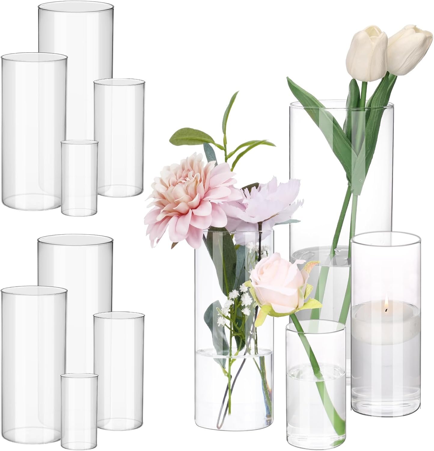 Fixwal 12pcs Clear Glass Cylinder Vases, 4, 6, 8, 10 Inch Tall | Cylinder Vases for Centerpieces, Glass Flower Vase Floating Candle Holder Vase for Table Shelf, Party, Wedding, Home Decor
