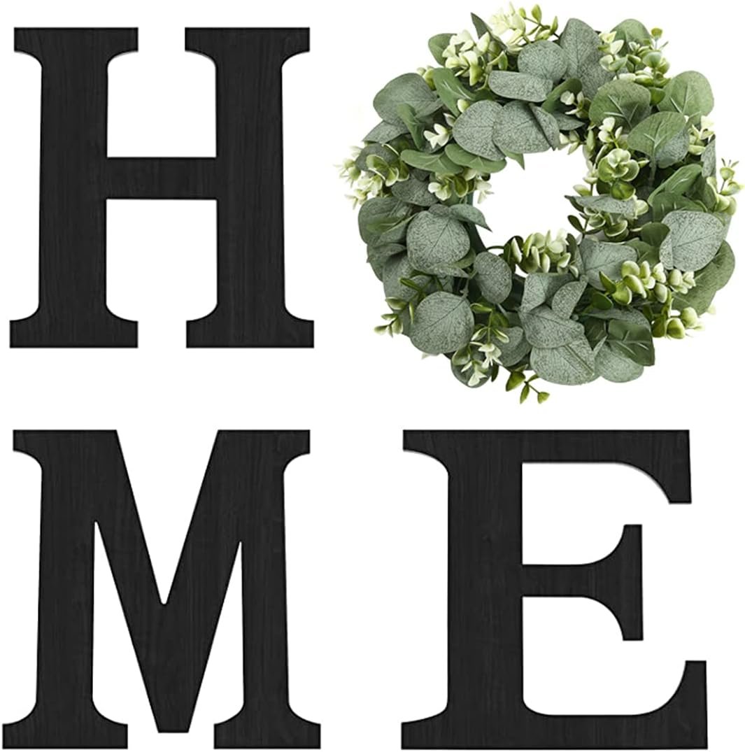 Wood Home Sign with Eucalyptus Wreath for O Home Decor Wall Decor | Hanging Farmhouse Wall House Decor Wood Letters for Wall Art Rustic Home Decor Wall Decor Living Room Kitchen Entryway Black