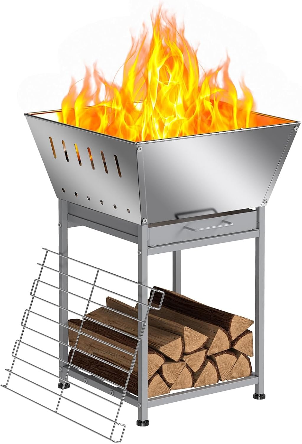 24″ Fire Pit with Wood Storage, Fire Pits for Outside Wood Burning, Silver | Premium Stainless Steel, Low-Smoke Design, Removable Ash Tray, Heat-Proof Handles, for Grilling, Heating & Firewood Storage