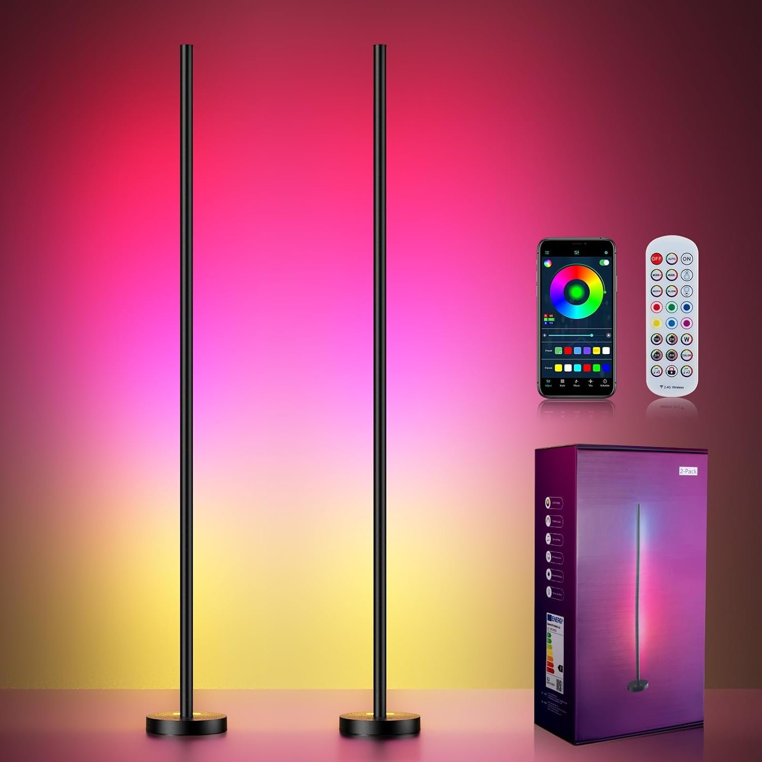 Smart RGBICW LED Corner Floor Lamp 2 Pack – 16 Million DIY Colors, 68+ Scenes, Music Sync, App & Remote Control, Color-Changing Ambient Lighting for Living Rooms, Bedrooms, and Gaming Rooms
