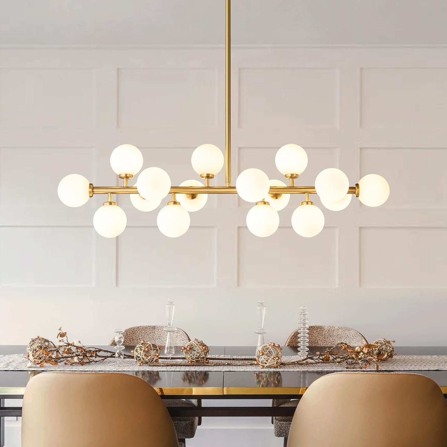 Mid Century Modern Sputnik Chandelier,16-Light Dining Room Light Fixture | Globe Milk Glass Dining Room Chandeliers over Table,Gold Brass Linear Sputnik Ceiling Light,Pendant Lighting Kitchen Island