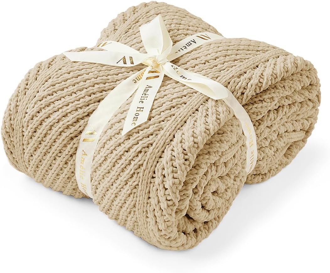 Knit Throw Blanket, Soft Chenille Cozy Breathable Chevron Chunky Decorative Blanket for Couch, Bed & Sofa, French-Inspired Lightweight Warm Gift for Women, Beige, 50″x60″