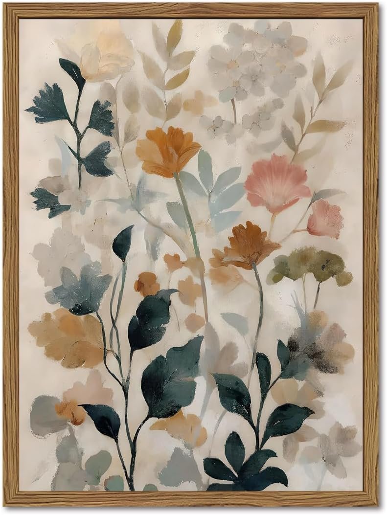 Framed Floral Bathroom Wall Art, Vintage Botanical Wall Decor Pictures, Watercolor Wildflower Canvas Prints Paintings Neutral Antique Flower Plant Home Decor for Living Room Bedroom 12×16 Inch