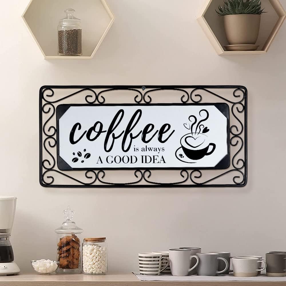 TIANCENTRAL H Coffee Bar Sign Wall Decor, 16″ x 7.8″ | Rustic Farmhouse Metal & Wood Plaque, Vintage Hanging Art, For Home Kitchen Cafe, Coffee Station Accessories