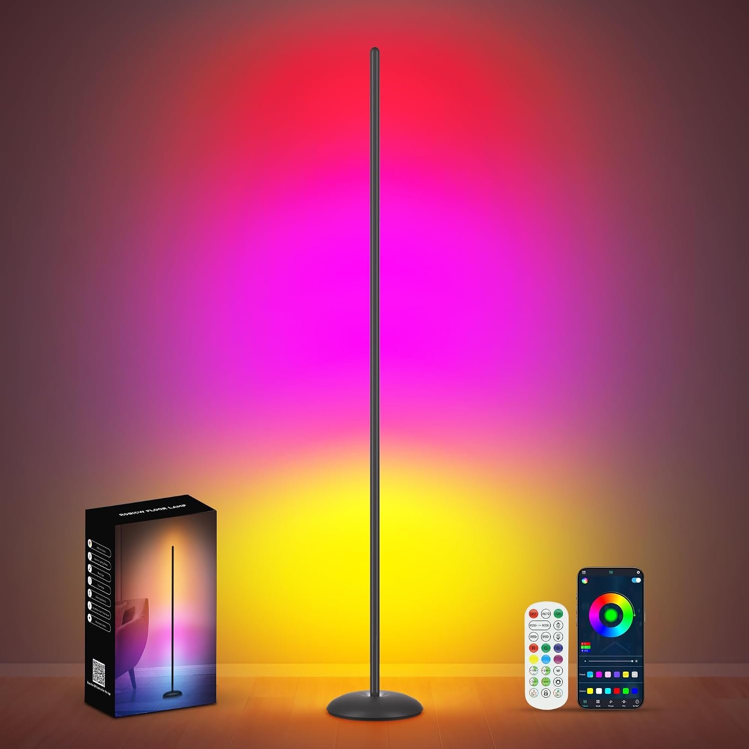 Corner Floor Lamp, Smart RGB LED Corner Lamps for Living Room | APP & Remote Control, Dimmable 16 Million Color Changing & 213 Scenes, Music Sync, Standing LED Lights for Bedroom – Black