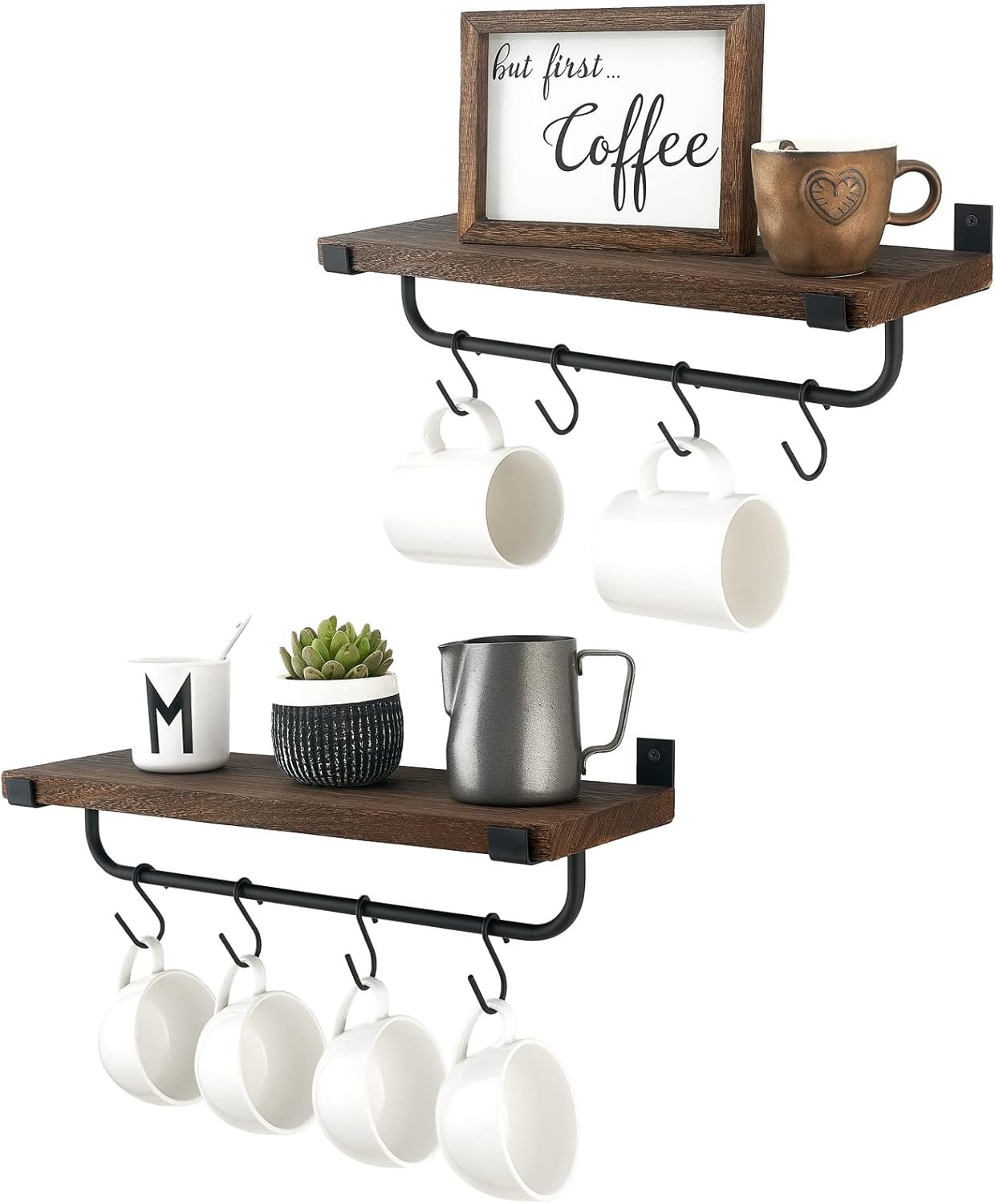 Mkono Coffee Bar Shelves, Wall Mounted Rustic Mug Rack with Hooks, 2 Pack | Kitchen Wall Shelf, Frees Up Counter Space, Easy Install, 8 Hooks, Kitchen Dining Room Coffee Bar Organizer, Multi-Function