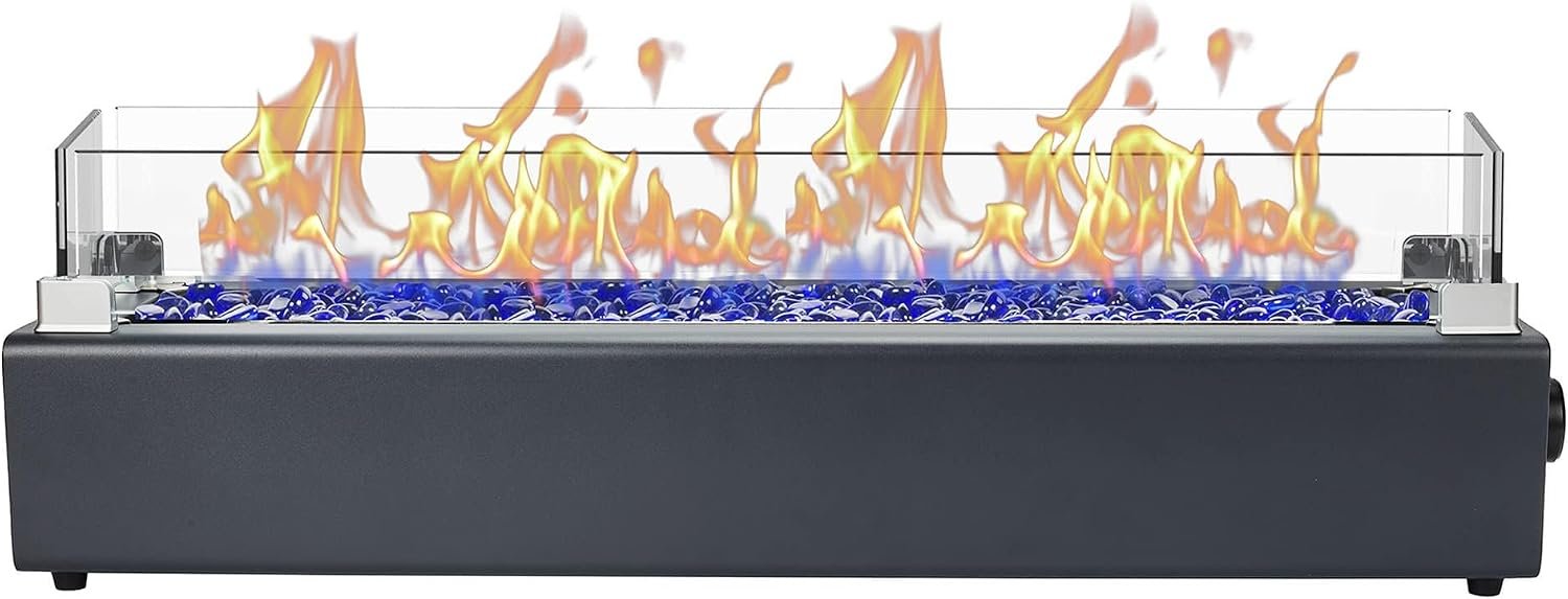 28-inch Table Top Propane Fire Pit, 40,000 BTU Tabletop Firepit for Patio, Outdoor Portable Rectangular Fire Bowl w/Wind Glass Shield, Glass Rocks – Carbon Gray