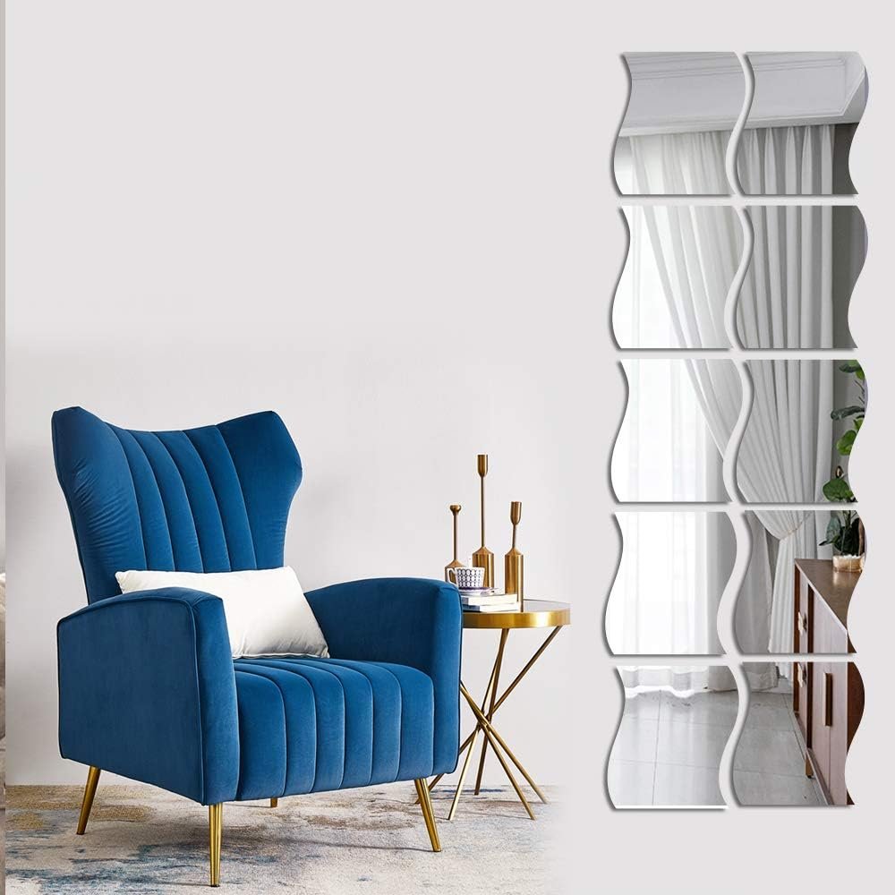 12PCS Wavy Mirror Wall Stickers, Full Length 3D Art DIY Home Decorative Acrylic Sheet Plastic Tiles for Living Room Bedroom Sofa TV Setting Wall Decoration Decor