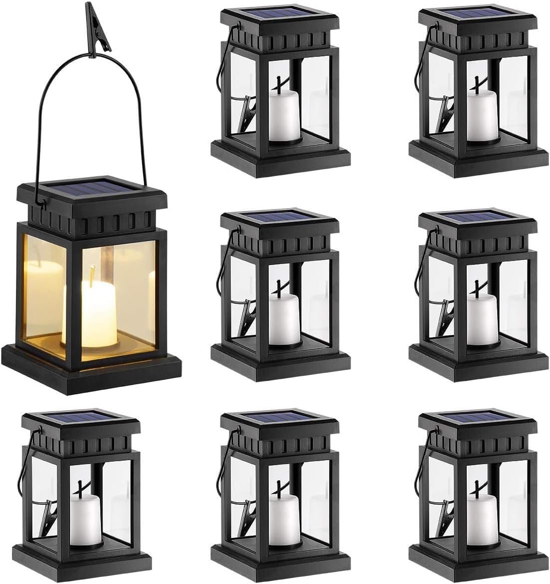 GIGALUMI 8 Pack Solar Hanging Lantern Outdoor, Candle Effect Light | Hanging Solar Lights with Stakes for Garden, Patio, Lawn, Deck, Umbrella, Tent, Tree, Yard, Driveway-Warm White