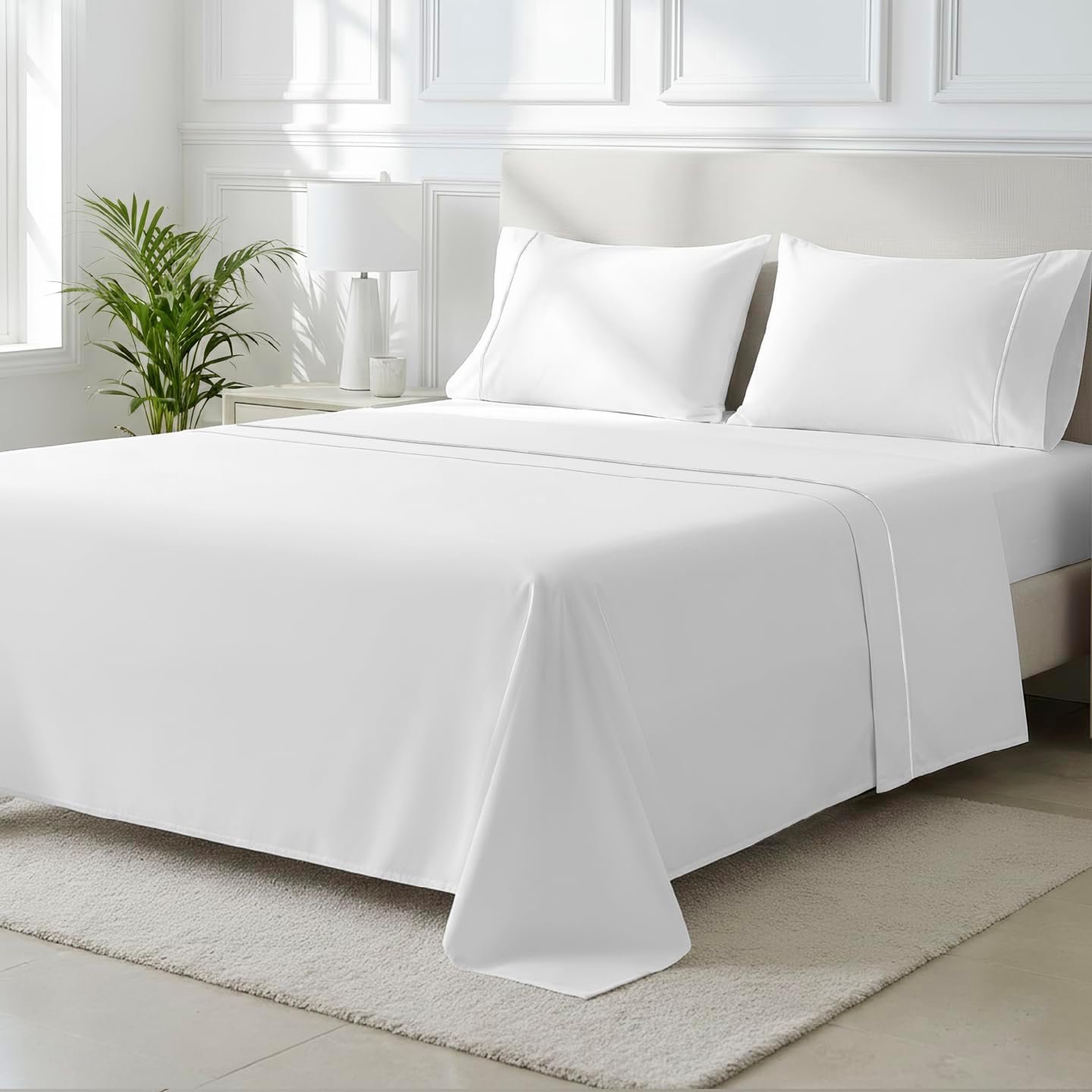 THREAD SPREAD Luxury King Size Sheets Set – 2000 Series 100% Egyptian Cotton Cooling Sheets King Size (4 PC, White), Silky Soft, Cooling, Sateen Weave, 17″ Extra Deep Pocket Hotel Bedding Set