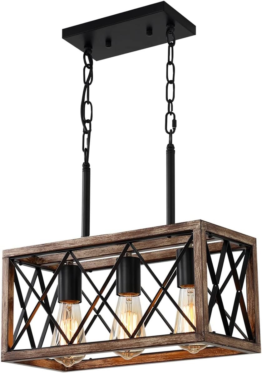 KEESFU 3-Light Farmhouse Light Fixtures, Dining Room Light Fixture | Farmhouse Kitchen Light Fixtures for Kitchen Island, Over Sink & Dining Table; Adjustable Height, Wood Grain Color;E26 Base
