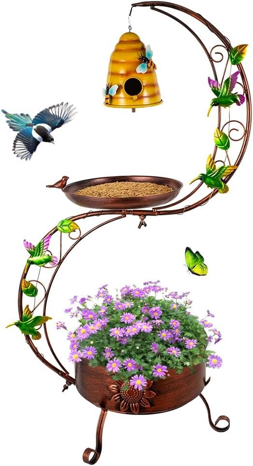 DREAMSOUL Bird Bath with Flower Planter, Vintage Copper Birdbath with Bird House, Metal Bird Bath for Outside Garden Yard
