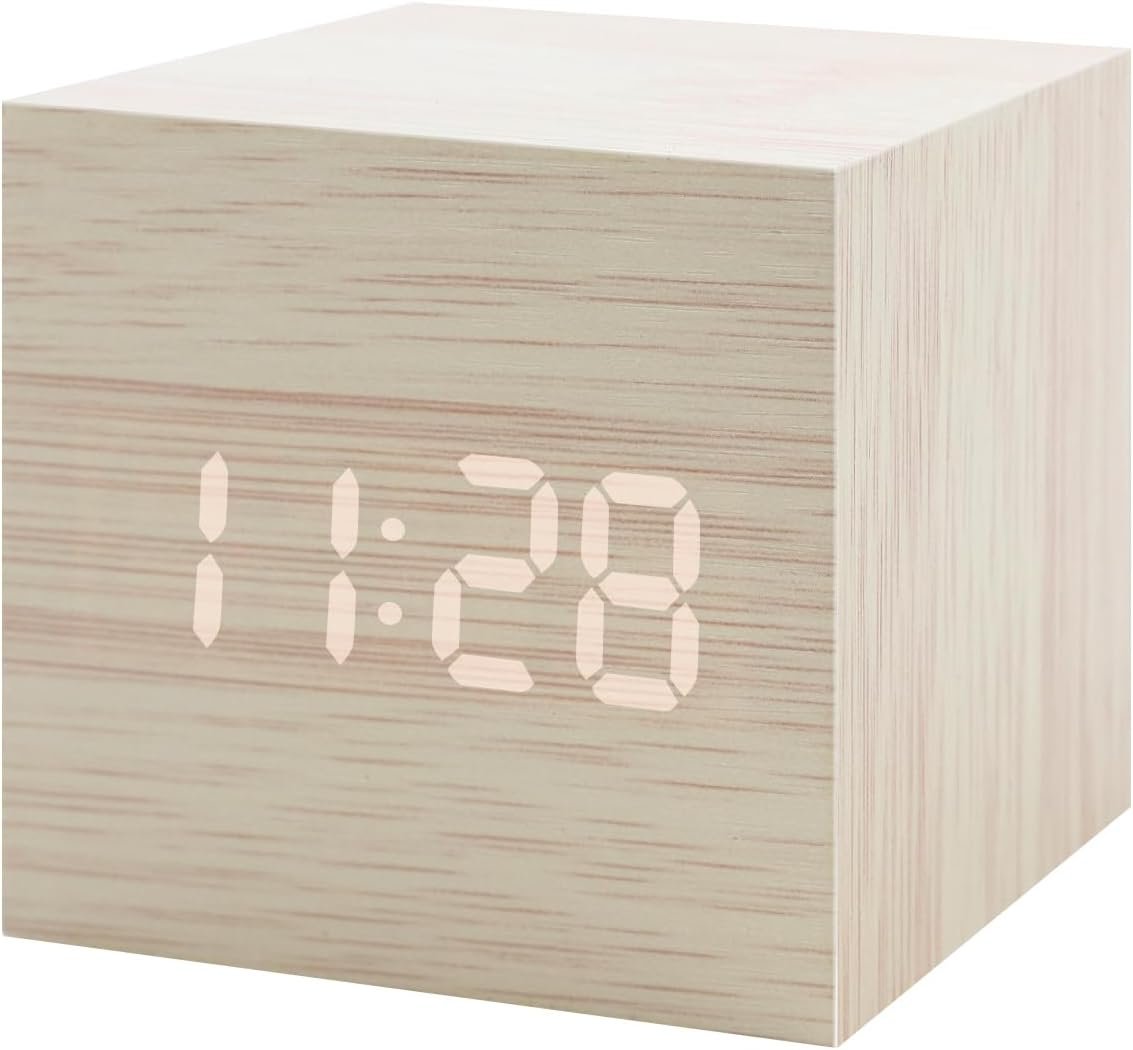 Wooden Digital Alarm Clocks for Bedrooms – Small LED Clock with, DC Port, Temperature, Snooze, DST, Wood Décor, Adapter Powered