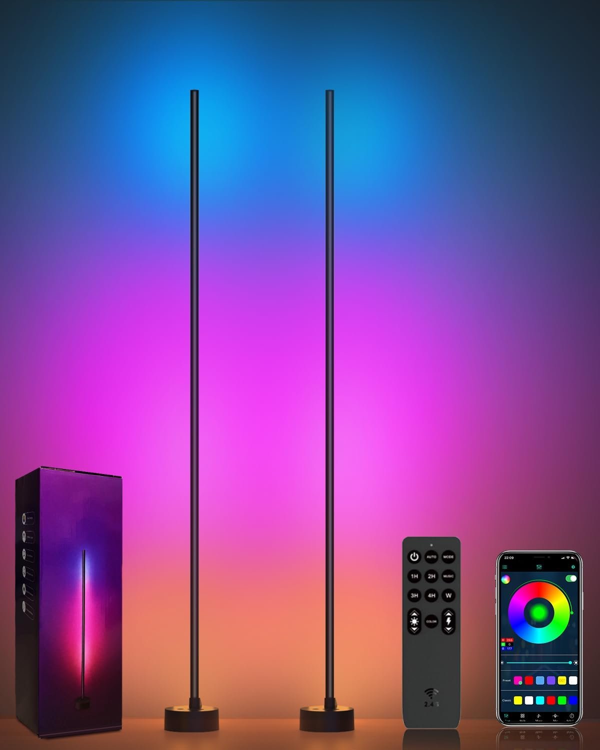 Miortior Corner Floor Lamp LED, 2-Pack Smart Corner Lamp for Living Room | App/Remote/Button Control, Music Sync, Dimmable 16 Million DIY Colors & 68+ Scene for Living Room, Bedroom, Gaming Room