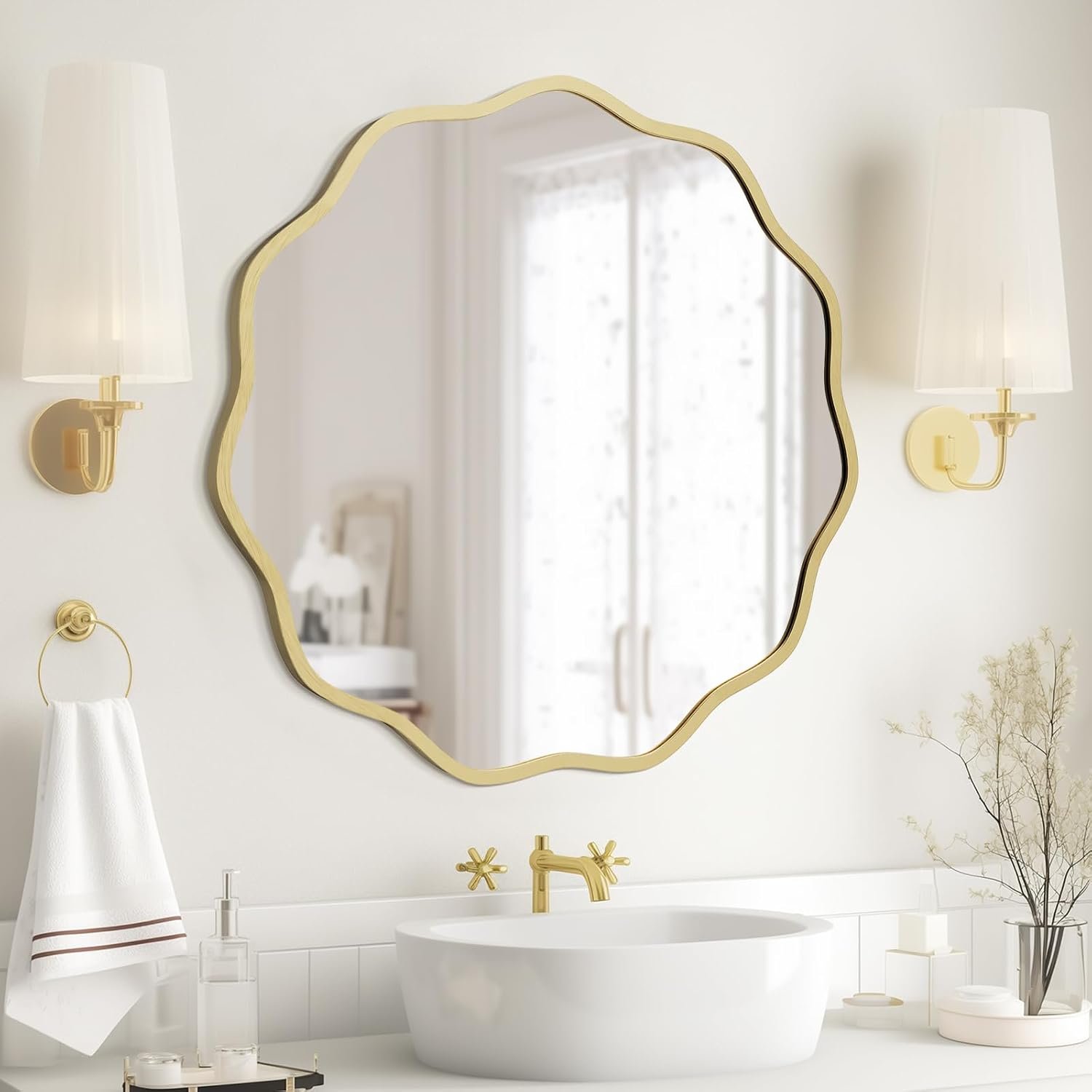 Round Wavy Mirror for Wall Decorative 24 inch, Modern Round Mirror Aluminum Frame for Bathroom Bedroom Living Room Home House Office Entryway, Gold