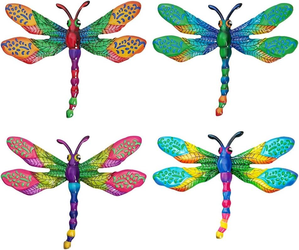 dreamskip 4 PCs Metal Dragonfly Wall Decor Art, Dragonflies Outdoor Wall Art with Colorful Leaves, Hand Painted Outdoor Decor For Garden Yard Fence Patio Outside Decoration