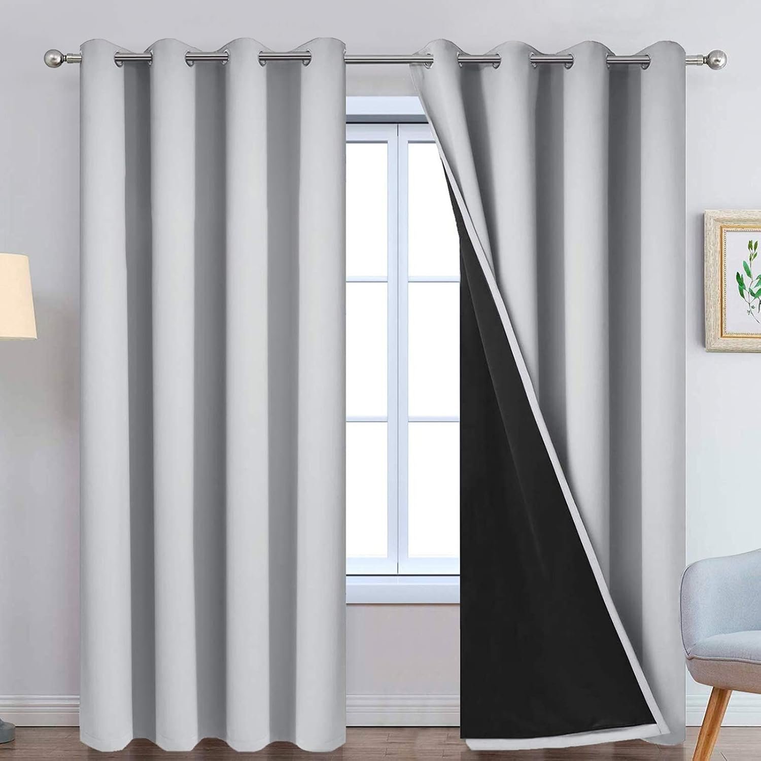 Yakamok Light Grey 100% Blackout Curtains 84 Inches Long 52″ Wide 2 Panel | Blackout Curtain Panels for Bedroom, 2 Thick Layers Grommet Top Thermal Insulated Drapes with Black Liner for Living Room