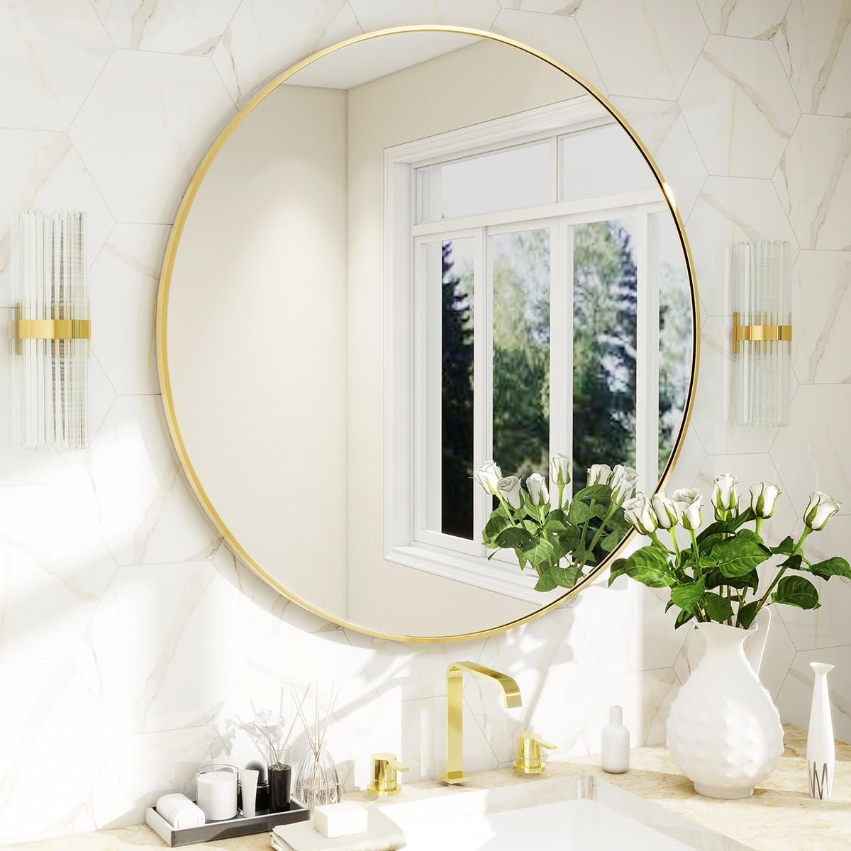 BEAUTYPEAK 20 Inch Round Mirror, Metal Frame Circle Mirror, Gold | Wall Mounted for Entryway, Bathroom, Vanity, Living Room