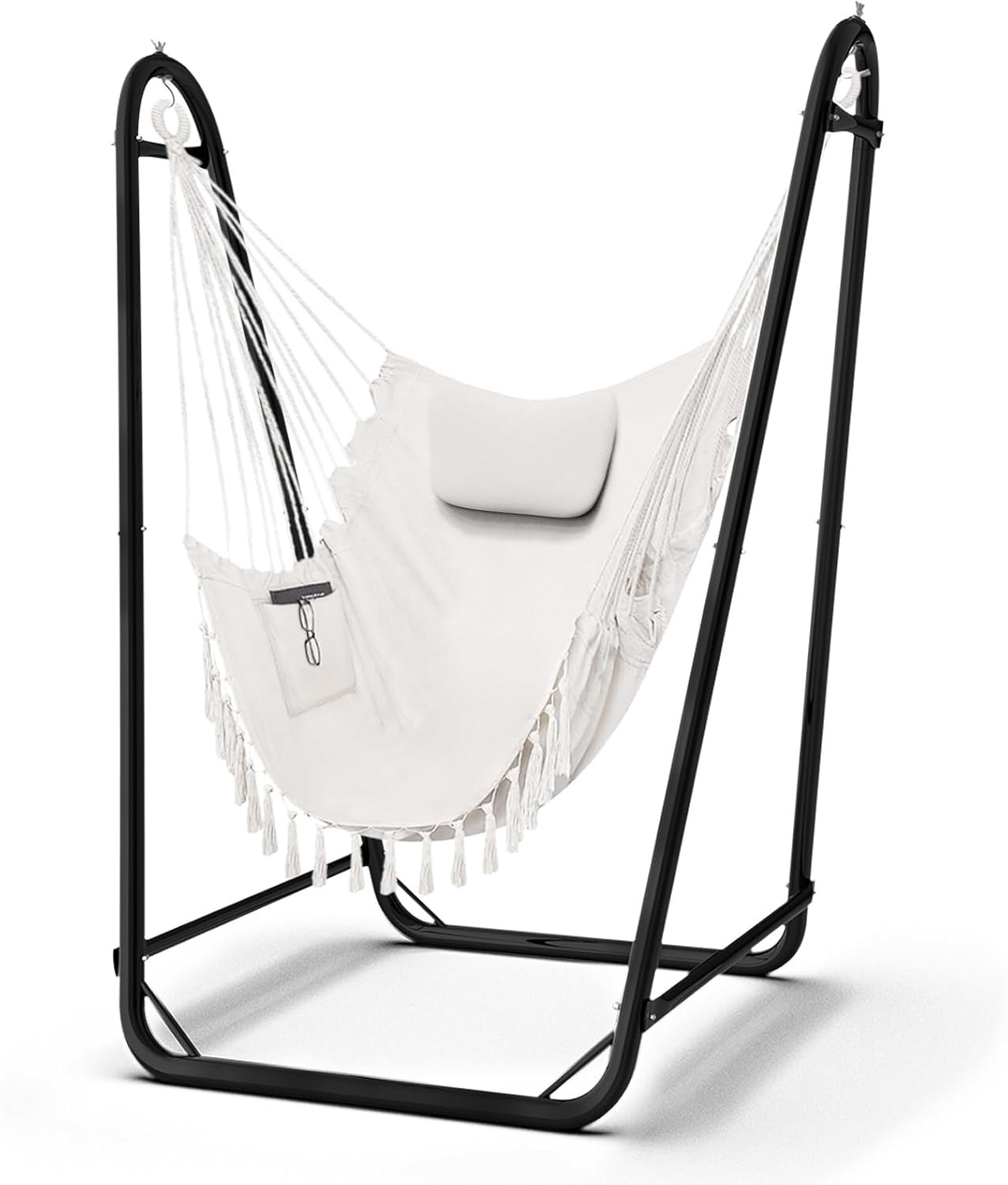 TOREVISIOR Hammock Chair with Stand, 350 lbs Swing Chair for Indoor Outdoor | U-Shape Anti-Tip Base, Steel Frame,Cotton Chair, Head Pillow, Side Pocket,for Patio Yard Balcony(Hammock Chair Included)