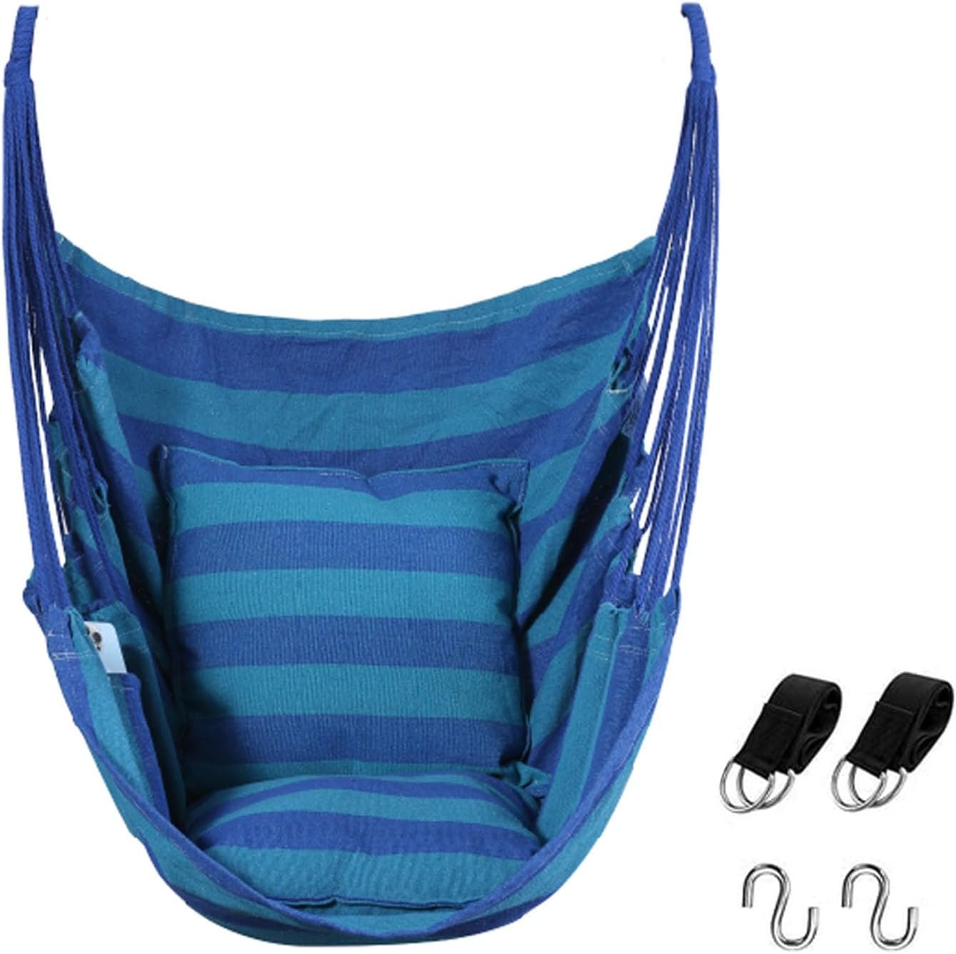 Goutime Hammock Chair,Indoor Hanging Rope Swing,Tree Swinging Chairs for Outside,Outdoor,Home, Bedroom,Patio,Yard,Garden,Balcony,Max 330 Lbs,Blue Stripe