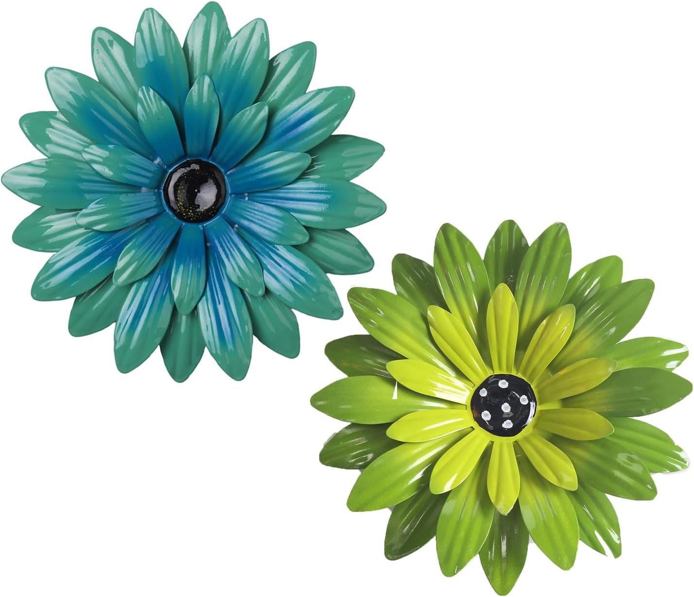 Outdoor Metal Wall Art Decor, 2 Pack 8 Inch Sunflower Wall Decorations, Hanging Outdoor wall Decor, Handmade Metal Flowers for Outdoor Outside Indoor Decor, Lake Blue+ Green
