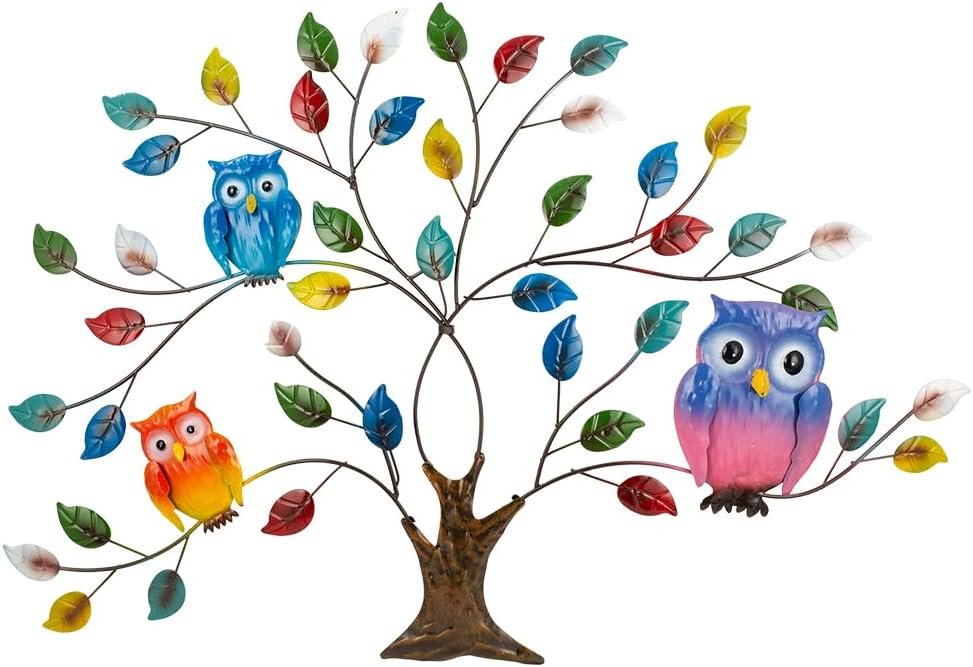 dreamskip Tree of Life Metal Wall Art, 25″ Outdoor Large Wall Sculpture with Colorful Leaves and Owls, Tree Metal Wall Decor for Outdoor Indoor, Living Room, Patio, Fence, Bedroom, Garden Decor