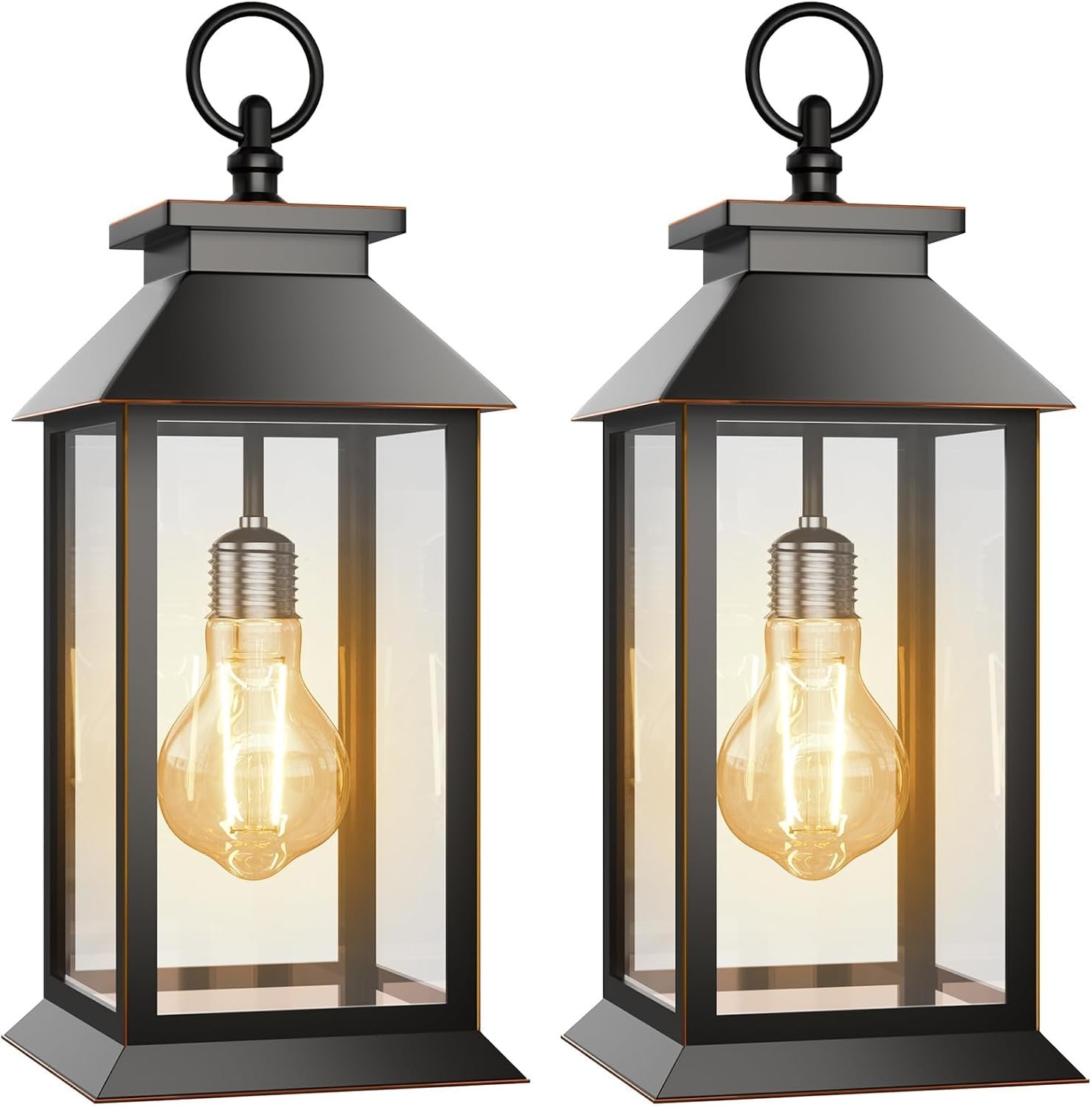 2 Pack Solar Lanterns Outdoor, Hanging Glass Solar Lights Waterproof, Dual Power Solar & 2*AA Battery, for Porch, Patio, Yard and Indoor Table or Mantel