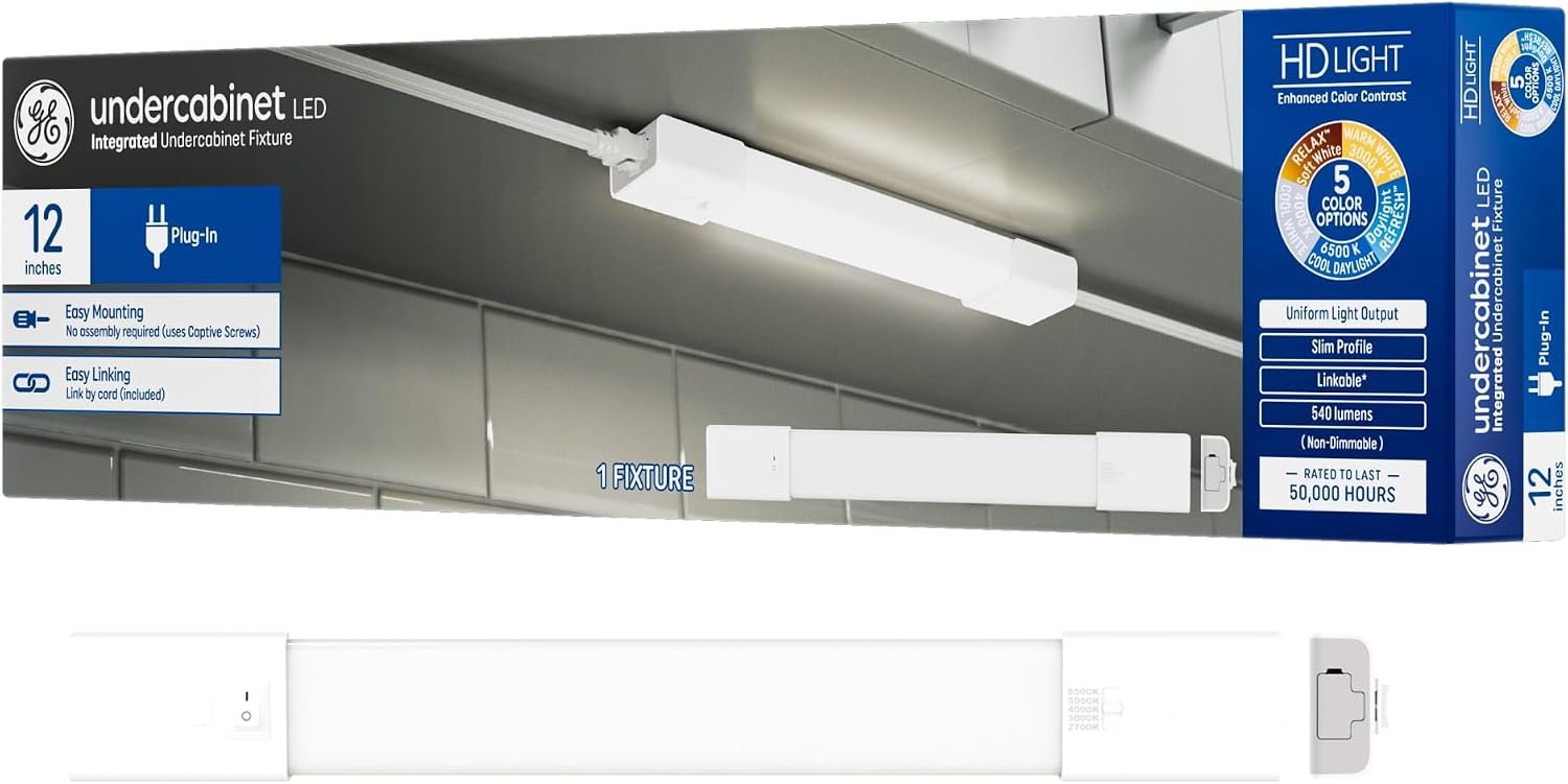 GE LED HD+ Undercabinet Light Fixture, Linkable Integrated Slim Profile Fixture for Kitchens, High Definition Light in 5 Color Temperatures, Plug-In, 12in (1 Pack)