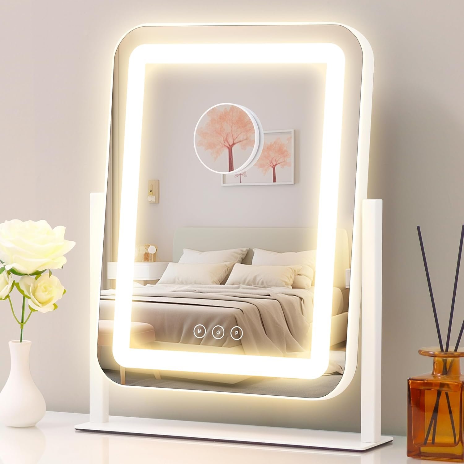 Vanity Mirror with Lights,13.1″×16.7″LED Makeup Mirror,Lighted Makeup Mirror with Lights, Smart Touch Control Dimmable 3 Modes Light, Lighted Up Mirror for Makeup Desk, Bedroom, Dressing Room