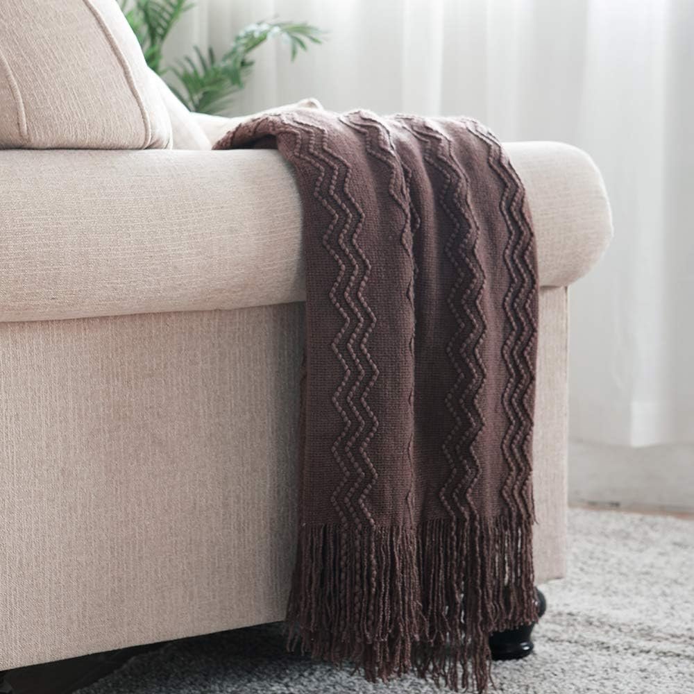 BOURINA Brown Throw Blanket 60×80 Inch Boho Knitted Soft Throw Sofa Blanket | Knitted Throw Blanket 60×80 Inches, Soft Lightweight Boho Weave Throw Decorative Couch Blanket for Living Room Bedroom Chair