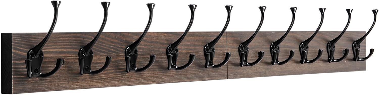 IBosins Vintage Wall Mounted Coat Rack, 34″ Long with 10 Black Tri-Hooks | Coat Hanger Wall Mount,10 Rustic Coat Hooks Rail for Entryway, Living Room, Coat, Scarf, Bag ,Towel, Hat