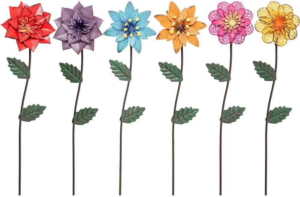 Garden Decor for Outside, 6 Pack Flower Garden Stakes Outdoor Decor Metal Shaking Head Yard Art, Weather Proof Flower Stakes for Yard Porch Lawn Pathway Pot Decorations(Multi-Color)